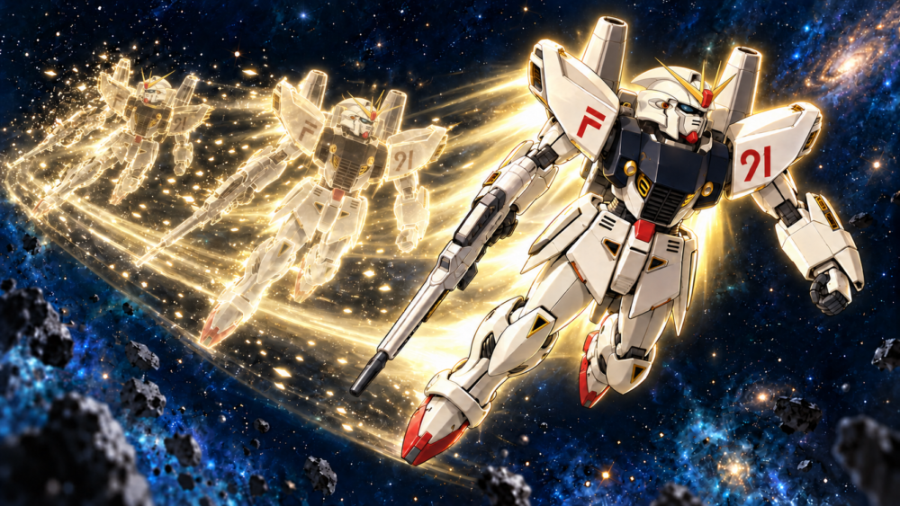 不透明なF91本体と後方に続く薄い残像を描いた解釈イラスト