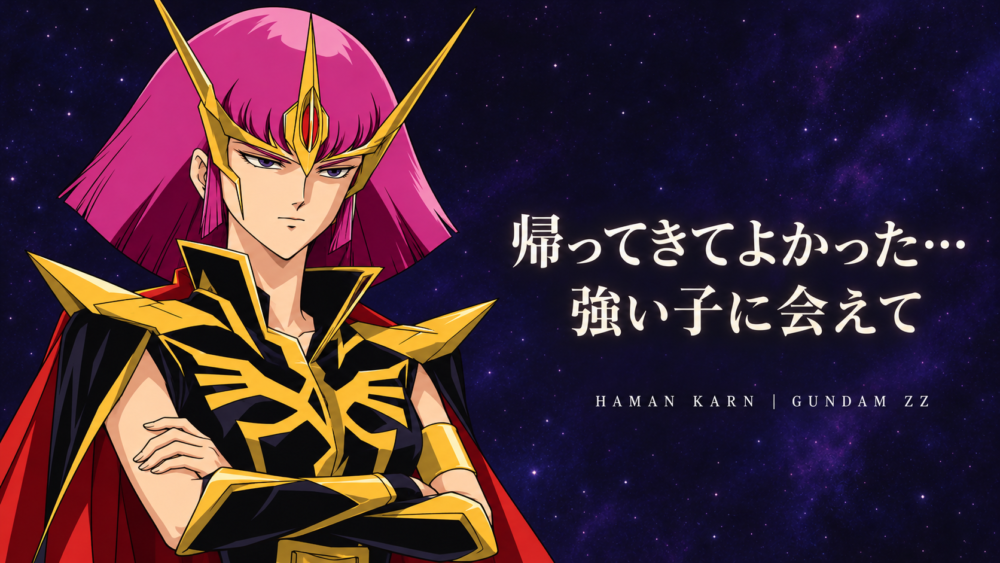 Haman Karn with folded arms and her final words in Japanese