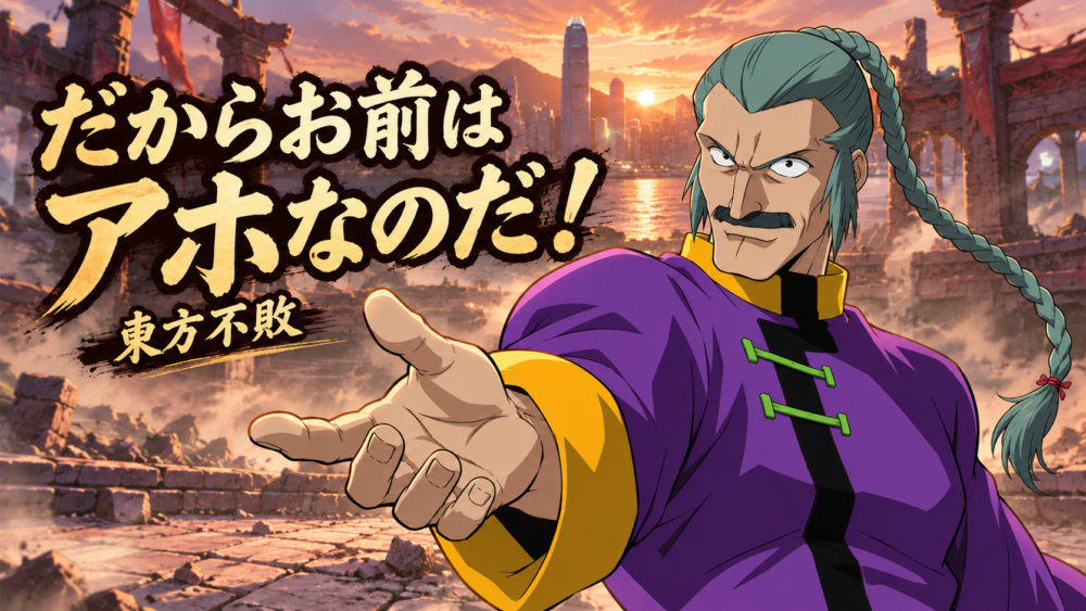 Master Asia with gray-green braided hair, thick moustache and purple martial tunic — original cover revised from supplied character references