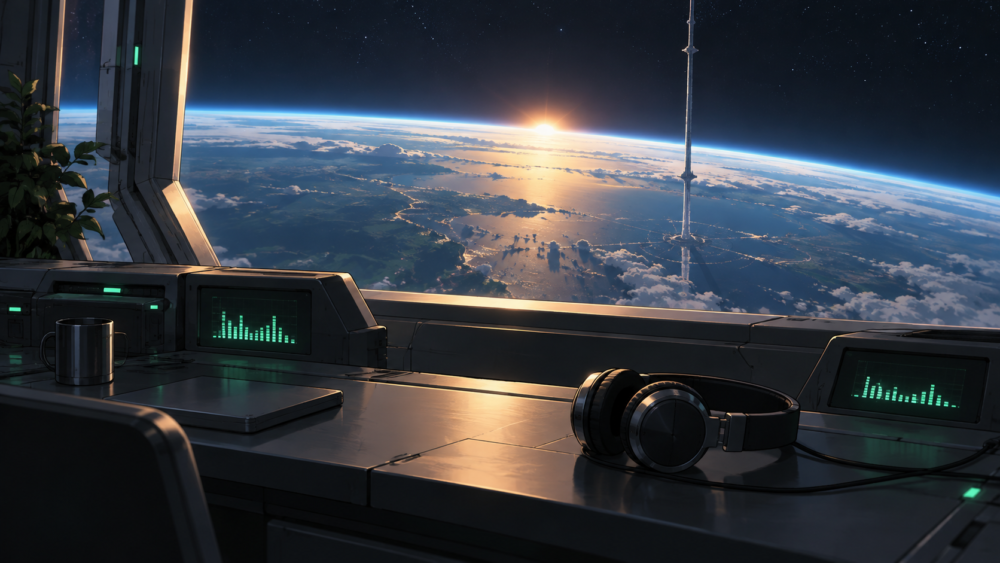 軌道エレベーターと地球を望む音楽鑑賞スペースのイメージ