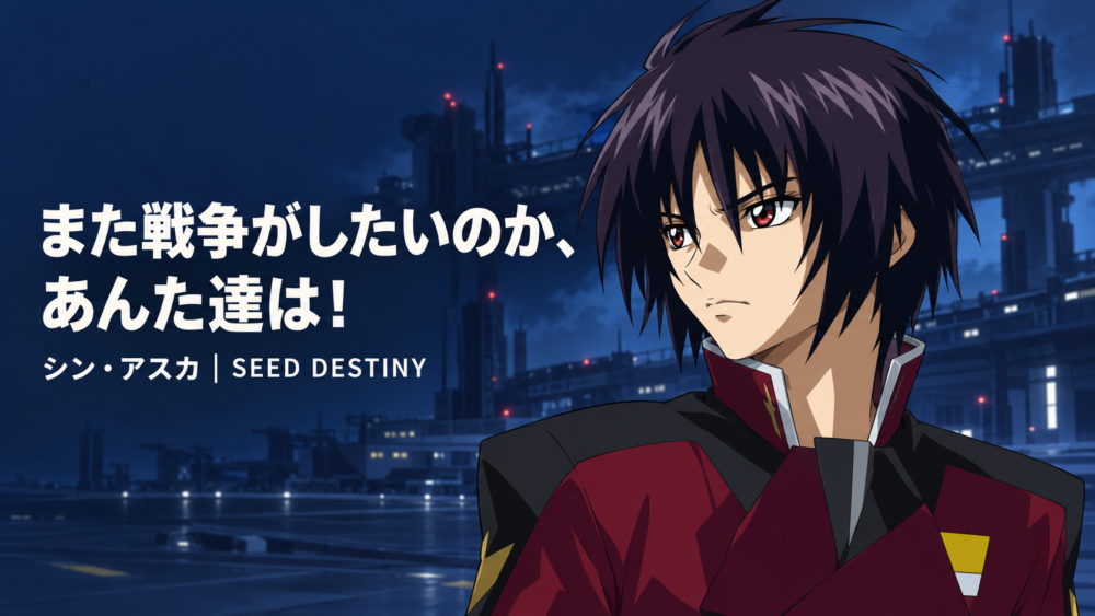 Shinn Asuka with the quote また戦争がしたいのか、あんた達は！